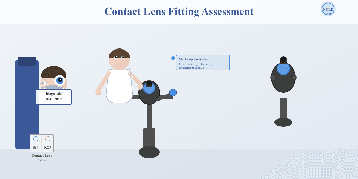 Optician using a slit lamp to assess contact lens fit on a patient; keratometer and diagnostic soft and RGP lens test set visible in the examination setup
