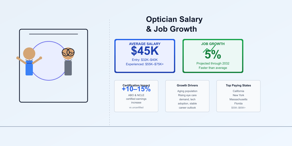 Optician fitting glasses on patient with data overlay showing average salary of $45,000 per year and 5% job growth projection through 2032