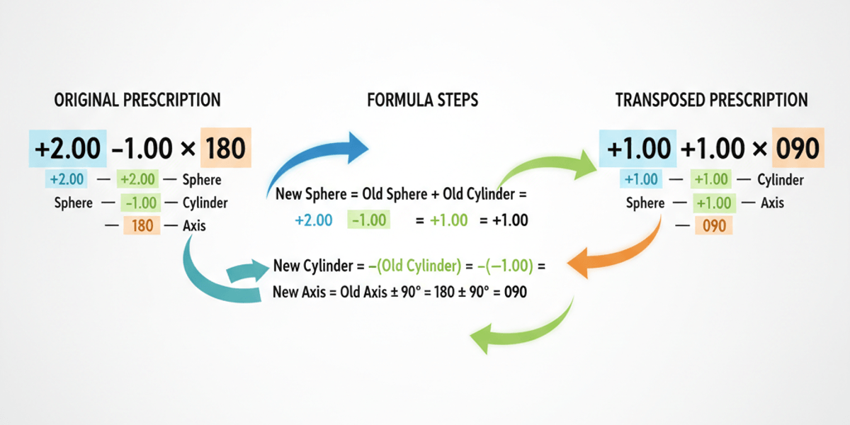 Technical diagram showing transposition formula process: original prescription (+2.00 -1.00 x 180) on left converting to transposed equivalent (+1.00 +1.00 x 090) on right, with color-coded formula steps highlighting sphere, cylinder, and axis transformations